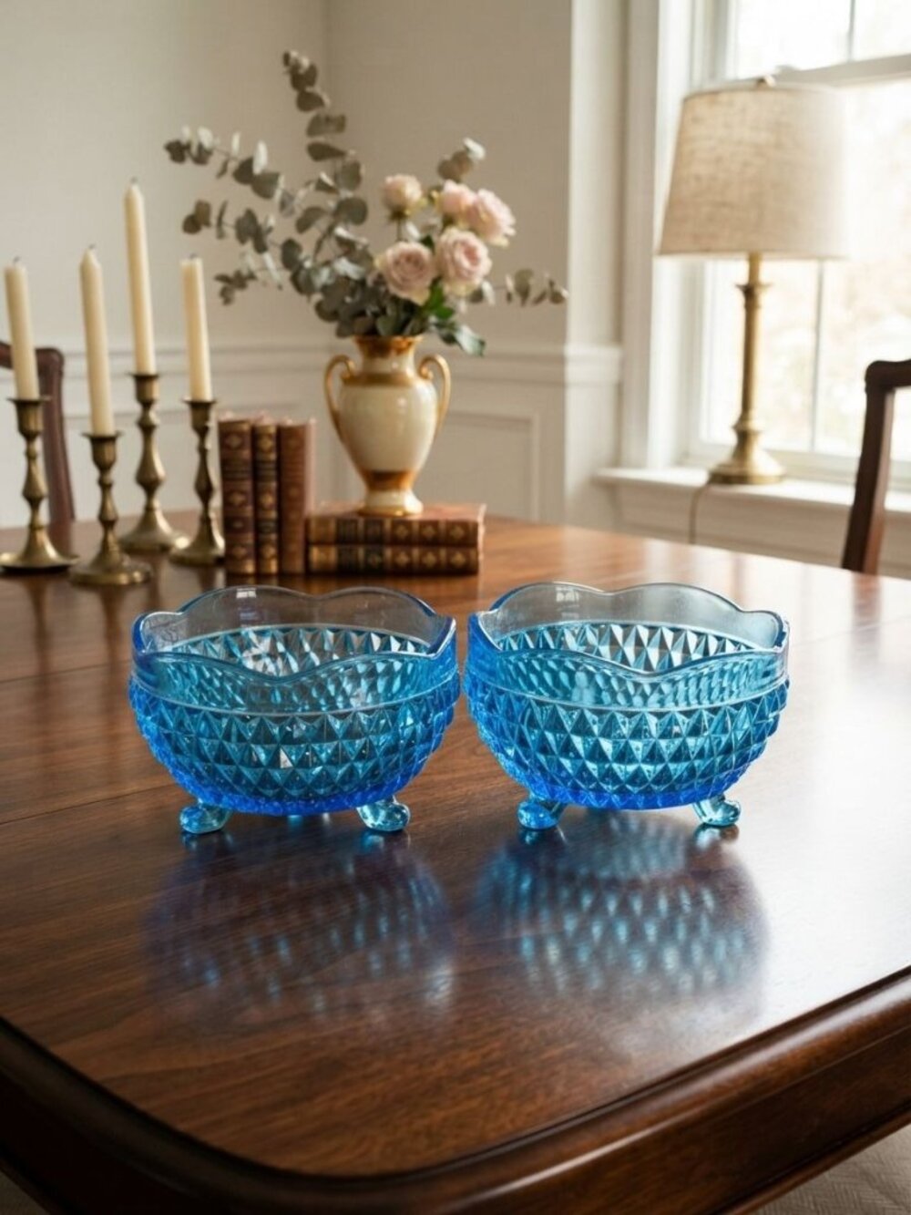 Vintage Indiana Glass Diamond Point Blue 3 Footed Bowls Candy Dishes Set of 2